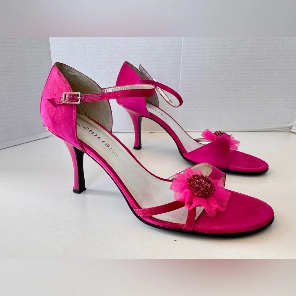 Vintage 90s Y2K Style Chilis Tira Satin Fuschia Pink Strappy Heel Sandals Shoes
